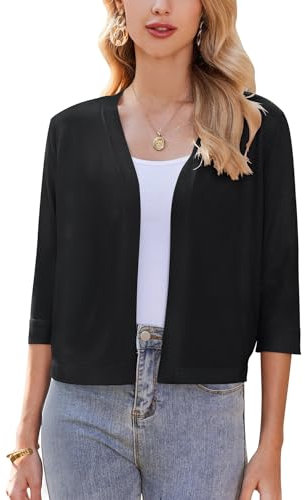 Zeagoo Bolero Damen Festlich 3/4 Ärmel Strickjacke Open Front Bolerojacke Elegant Cardigan Solid Kurzer Blazer Schwarz XXL