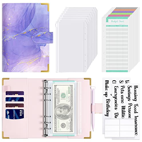 Hnogri Budget Binder with Cash Envelopes Money Saving Binder, Purple Marble | Zipper Cash Envelopes for Budgeting, PU Leather Budget Planner Money Organizer for Cash Bills, Floral Budget Wallet for Women