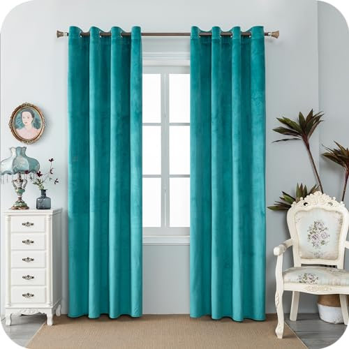 GIRASOLE HOME Paire de rideaux Adélaïde doux occultants thermiques en velours 2 panneaux de 140 x 240 cm avec œillets turquoise