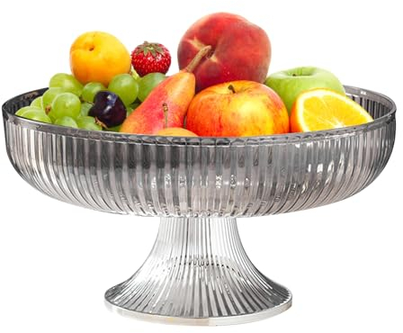 Bol à Fruits sur Pied Transparent avec Base - Présentation de Desserts, Plateau de Service Élégant, Assiette Décorative (Gris Argent)