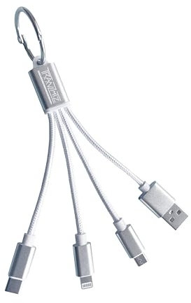 Tranzmtz - Keyring Multi USB 3A Fast Charging 3-in-1 Short Keychain Cable with USB Type C/USB/Micro USB/Phone Connectors - for Smart Phones Tablets and More (Silver)