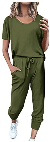 EMATOP angebote des tages heute deal Jogginganzug Damen Kurz Baumwolle Freizeitanzug Sommer Lässig Sportswear Lang Einfarbig Tracksuit Fitness Running Sportanzug Zweiteiler Trainingsanzug Hausanzug