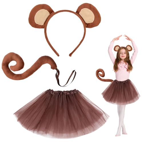 EUPSIIU 3 Stück Affen Kostüm Affenohren Tier Stirnbänder Affen Langen Schwanz MädchenTutu Set, Affenkostüm für Kinder Mädchen Fasching Tierkostüm Halloween Karneval Tier Haarbänder Cosplay (Affen)