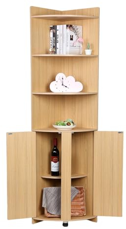 Hoher Eckschrank, freistehender Aufbewahrungsschrank mit Scheunentür und 3-stöckigen Regalen, Eck-Bücherregal für Wohnzimmer, Küche, Holzfarbe