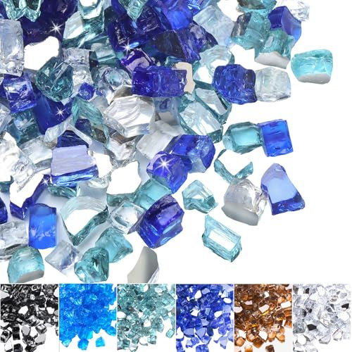 Calofulston 4,5 kg Feuerglas für Propangas-Feuerstelle, 1/2 Zoll Feuerstelle Glas für Kamin und Feuerstelle Tisch, Reflektierende Feuerstelle Glasfelsen, Mischblau