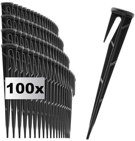 com-four® 100x Fixierungshaken für Mähroboter - Erdanker aus Kunststoff - Befestigungsstifte für Schläuche, Kabel und Abdeckungen - Bodennägel mit Haken (100x schwarz - glatt/für Kabel)
