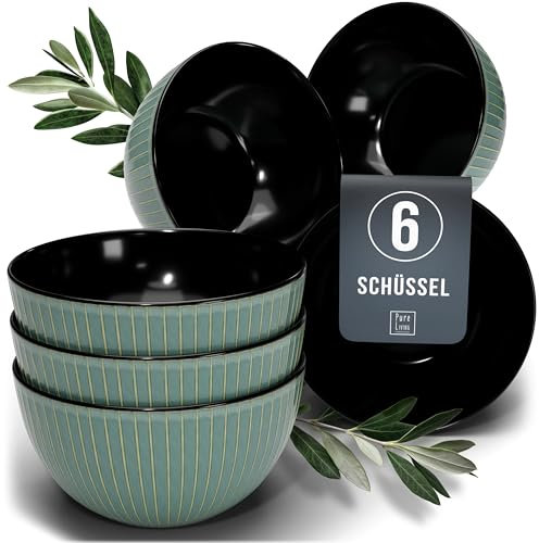 Steingut Müslischalen 6 Pers. Tokyo Hochwertiges Asia-Style TEST SEHR GUT Müsli Schüssel Set - Kleine Schüsseln, Müslischale - 6 Personen Geschirrset Pure Living in Grün