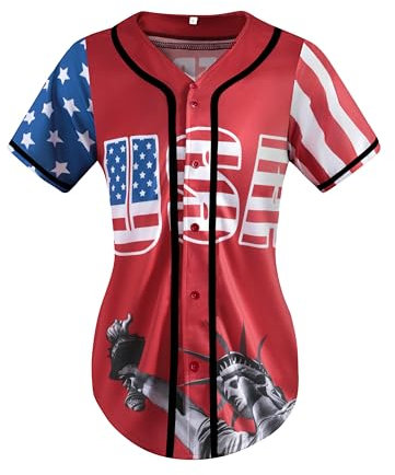 Amerikanische Flagge, Damen-Shirt, USA-Hemd für Damen, 4. Juli, Hemden, Damen, kurzärmelig, Knopf, USA-Jersey, Rot/Ausflug, einfarbig (Getaway Solids), 3X-Groß