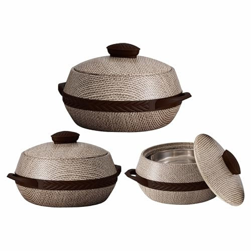 3-Piece Insulated Casserole Set with Lid – Double-Wall Hot Pot for Food Serving and Storage – Thermal, Stainless Steel Interior – Ideal for Kitchen, Lunch, and Dinner (Dark Brown) (1000,1500,2000ML)