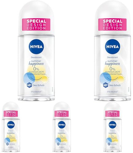 NIVEA Summer Happiness Deo Roll-On, Deo ohne Aluminium (ACH) mit antibakteriellem 48h Schutz und sanfter Pflege, Deodorant mit sommerlich-frischem Duft (50 ml) (Packung mit 5)