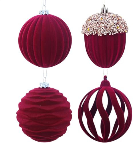 Weihnachtskugeln aus Samt – Rote Samtkugeln | Christbaumkugeln | Christbaumkugel-Ornamente | Beflockte Ornamente für den Weihnachtsbaum für Zuhause, Café, Hotel, Wand, Tür