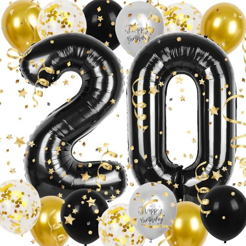 Luftballons 20 Geburtstag Deko Schwarz Gold,Deko 20.Geburtstag Junge Mädchen,20 Geburtstag Deko Junge Mädchen,Folienballon Zahl 20,Deko Konfetti Luftballons für 20Geburtstag Mann Frauen Birthday Party