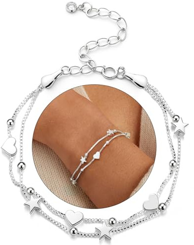 CASSIECA Armband Damen 925 Sterling Silber Armbänder Silver Armband Layerd Charm Perlen Stern Herz Kettenarmband für Damen Mädchen Freundschaftsarmband Geschenk für Frauen Freundin Mama