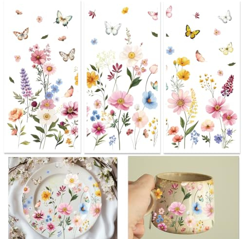 ORIGACH 3 Sheet Watercolor Wildflower & Butterflies Rub on Transfers | Crafts and Furniture Floral Home Decor Transfers, Wall Art Decals for Bedroom Living Room Desk Table Decor, 6 x 12