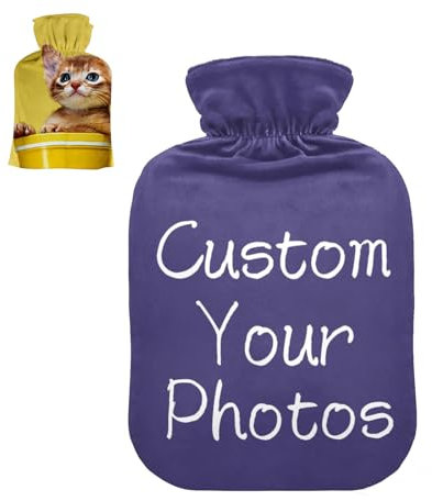 Personalised Hot Water Bottle with Custom Photo Cover, Custom Photo Hot Water Bag with Soft Plush Cloth Cover, Hot and Cold Therapy, Personalized Picture Gift for Birthday Christmas