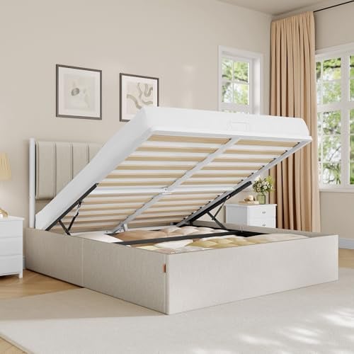 VASAGLE Estructura de Cama, 160 x 200 cm, Cama Elevable, 2 Personas, con Almacenaje, Cabecero, Sistema Hidráulico, Moderno y Minimalista, Fácil Montaje, Beige Capuchino RMB615LH01