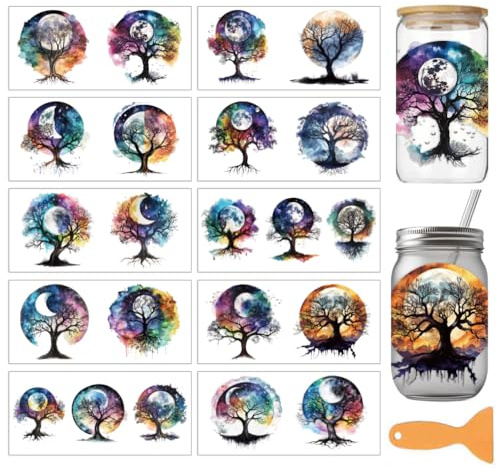 arricraft 10 Sheets Tree of Life Moon Theme UV DTF Cup Wrap Stickers | 24x11cm Rub on Transfers for Crafts Waterproof Rub on Decals for 16 oz Glass Cups Mug Tumbler Window Home Decoration