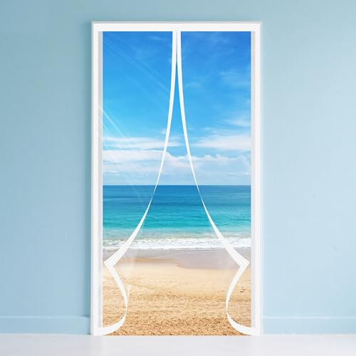 Magnet Wärmeschutzvorhang für Türen 93 x 198 cm Transparent Wärmeschutzvorhang Türe Kinderleichte Klebemontage Ohne Bohren für Balkontür Wohnzimmer, Weiß