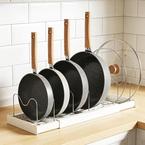 BORISCA Expandable Lid Rack Pan Organiser for Drawer with 10 Adjustable Dividers, Pan Drawer Organiser, Saucepan Lid Storage, Pot Bowls Plates (White)