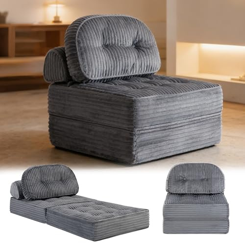 Faltbares Schlafsofa, 4-in-1 Tragbarer Stuhl-Bett-Komfortable Bodensofa, Umwandelbarer Schlafsessel mit Kissen, Cord-Stoffbezug Sessel Schlafcouch, für Wohnzimmer und Schlafzimmer (Einzelsofa, Grau)