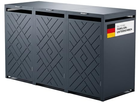 Metzler Mülltonnenbox 3er 240L Anthrazit mit Rautenmuster, Metall Mülltonnenverkleidung für 3 Tonnen abschließbar, DREI Mülltonnenboxen pulverbeschichtet und wetterfest mit Automatikdeckel | Prisma