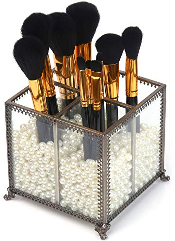 PuTwo Makeup Organizer Vintage 4 Sections Makeup Brushes Holder Make Up Storage with Free White Pearls