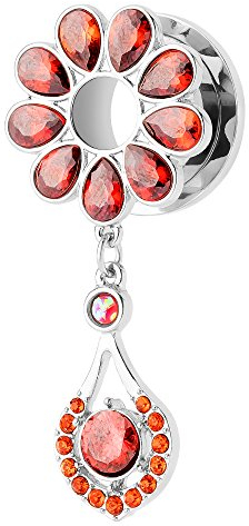Piercingfaktor Flesh Tunnel Ohr Piercing Plug Ohrpiercing Schraub Ear Edelstahl mit Strass Kristallen Tropfen Anhänger Schraubverschluss Silber Rot 8mm