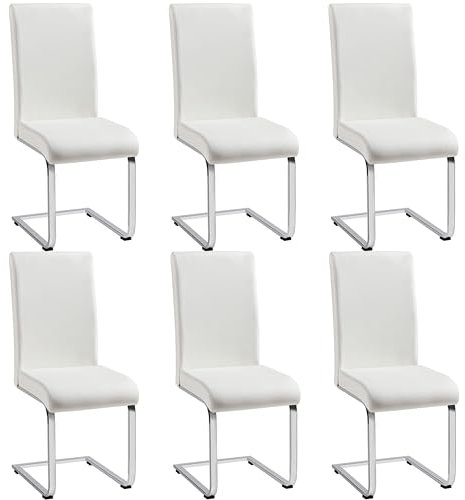 Yaheetech Chaise Salle à Manger Lot de 6 en Similicuir Cuisine Moderne Siège Revêtement Chaise Hauteur Assise 50 cm Acier Chromé Chaise Blanche