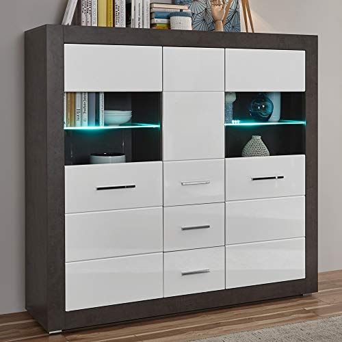 Lomadox Highboard in Hochglanz weiß mit Betonoptik dunkel inkl. LED-Beleuchtung