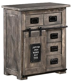 MASSIVMOEBEL24.DE | Railway kleine Kommode aus Massivholz #211 | aus Mangoholz - grau lackiert | 70x45x85 cm | 2 Fächer, 5 Schubladen - mit Schiebetür | Sideboard Schrank