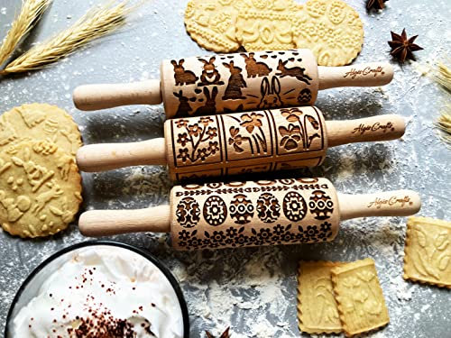 OSTERN 3-er SET Kinder Nudelhölzer Teigrolle für hausgemachtes Gebäck. Nudelholz mit muster. Gravierte Nudelholz von Algis Crafts