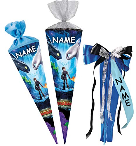 alles-meine.de GmbH Schultüte - Dragons - Drachenzähmen leicht gemacht - 85 cm - 6 eckig - incl. Name und individueller großer Schleife - Tüllabschluß - Zuckertüte - mit/ohne K..