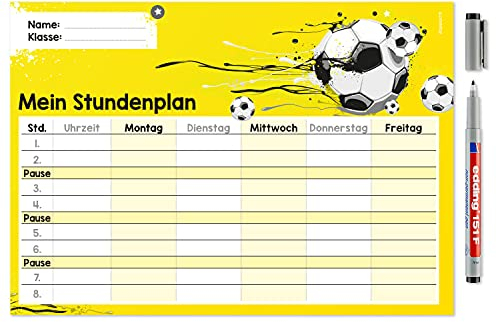 Fußball Stundenplan abwischbar I DIN A4 I Rückseite selbstklebend I Jungen Jungs schwarz gelb weiß I mit Stift I dv646