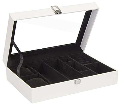 Grinscard Schmuckkasten 9 Fächer - Weiß 30x20x8cm - Schmuckkiste Uhrenbox Brillenbox | Fenster-Deckel & Verschluss