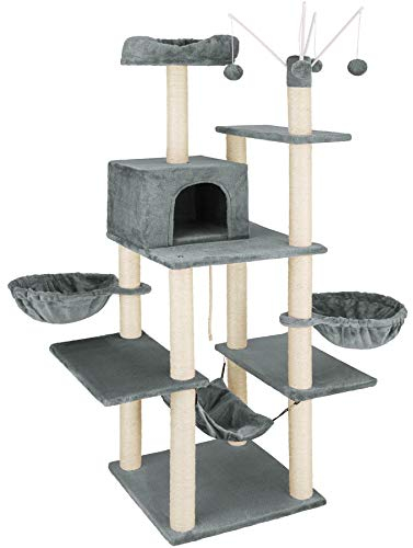 tectake® Albero Tiragraffi per Gatti con Colonne in Sisal, Tiragraffi Gatto con Cuccette e Comoda Casetta, Tiragraffi con Piattaforma Panoramica, Rivestimento in Morbido Peluche - Grigio Scuro