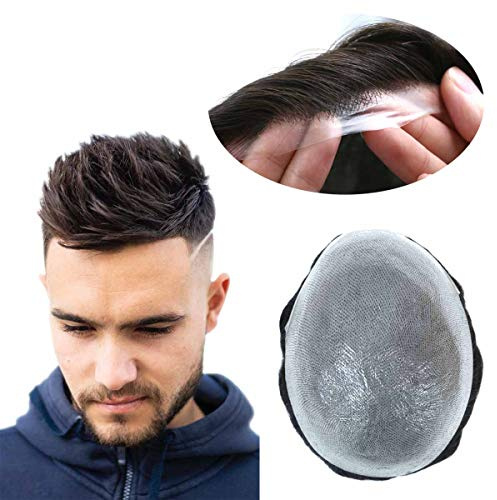 HAIR NATURE Mens Human Hair Toupee, 0.03 V-loop Thin Skin Hair System #1B