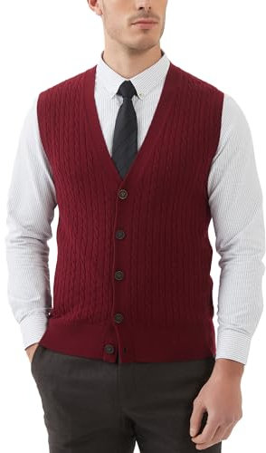 Kallspin Men’s Wool Blend Sweater Vest Cable-Knit Button Front Sleeveless Cardigan Smart Casual Jumper Knitwear(Burgundy, XL)