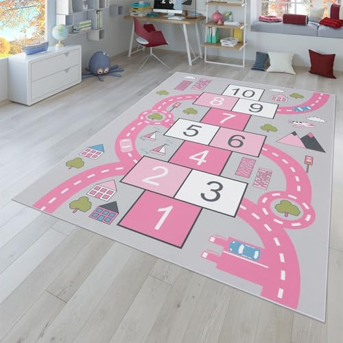 TT Home Kinder-Teppich, Spielteppich Für Kinderzimmer Straßen-Look, Hüpfkästchen, Rosa, Größe:120x160 cm