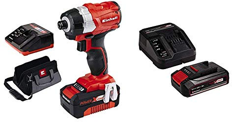 Einhell TE-CI 18 Bl Kit 4.0 Power X-Change 18 V Cordless Brushless Impact Driver with 4.0Ah Battery and Carry Bag, Red with Original Einhell 18V 2.5Ah Starter Kit Power X-Change