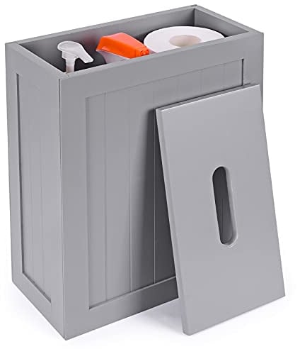 Lantaly Slimline Multi-Purpose Storage Unit, Toilet Roll Paper Cabinet, Cleaning Compact Wooden Shaker Bathroom Tidy Box , Grey