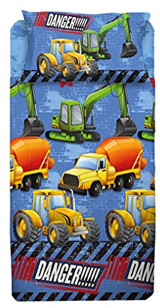 hermet Bettwäsche-Set für Einzelbett, Einzelbett, Bettlaken, Spannbettlaken, Kissenbezug, 100% Baumwolle, Motiv Bagger, Lastwagen, Traktor