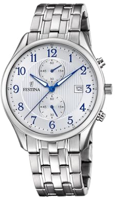 Festina Reloj Hombre Analógico de Acero Inoxidable 316l Plateado - Movimiento de Cuarzo - Cronógrafo - Calendario - Cristal Mineral de Alta Resistencia F6854/A Timeless Chronograph