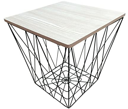 Retro Metal Wire Square Wood Top Storage Side Table Basket Home Furniture (Grey)