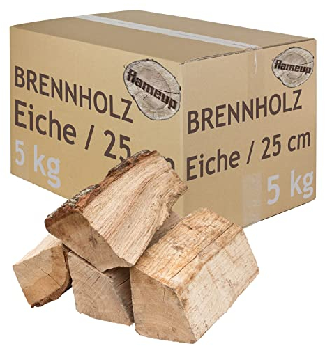 Brennholz Kaminholz Holz Eiche 5-500 kg Für Ofen und Kamin Kaminofen Feuerschale Grill Feuerholz Holzscheite Wood 25 cm kammergetrocknet flameup, Menge:5 kg