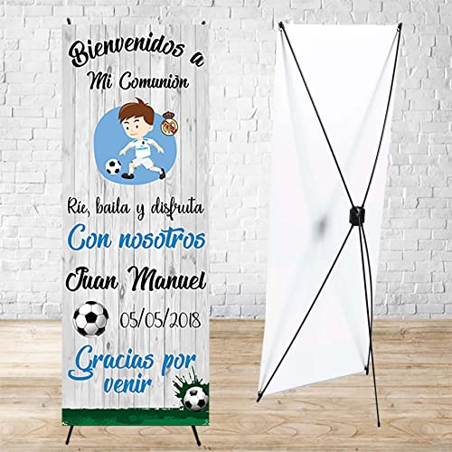 Cartel Comunión futbol niño con soporte 60 x 160 cm. Decoración comunión, Photocall personalizado con nombre y fecha. Fabricación Española, banner de bienvenida