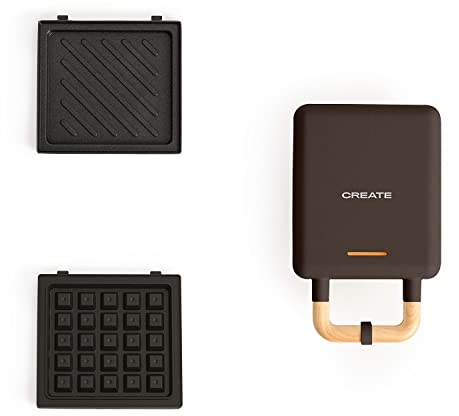 CREATE/STONE STUDIO/Sandwichmaker und Waffeleisen in Schwarz / 2 austauschbare Antihaftplatten, 1 Scheibe, 100º Offnung, BPA-frei, 1 Scheibe, 105º Öffnung, Cool-Touch-Griff, 600W