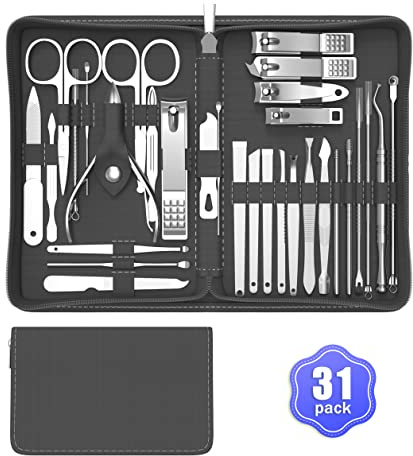 Cater Manicure Nail Clippers Kit - Nail Grooming Set, 31Pcs Stainless Steel Manicure and Pedicure Nail Kit, Nail Care Tools with Luxurious Travel Case (Black)