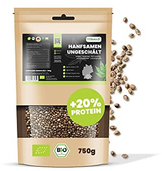 SANUUS Bio Hanfsamen ungeschält 750g - Hanfsamen ungeschält Bio aus Nutzhanf - Vegan Superfood Hanf Samen aus Deutschland High Protein, Vitamine & ballaststoffreich für Shakes, Porridge Müsli