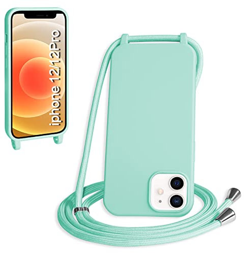 WenBaby Coque avec Cordon pour iPhone 12/iPhone 12 Pro,Collier pour Étui bandoulière Colliers de cellulaire Mince Antichoc Réglable Lanyard Silicone Case,Vert Clair