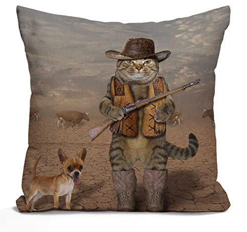 Tomda Funny Cat Pillow Cover Cowboy Cat and His Dog Decorative Cushion Cover Pillow Cover Square Pillowcase 45x45cm 18x18 Inch